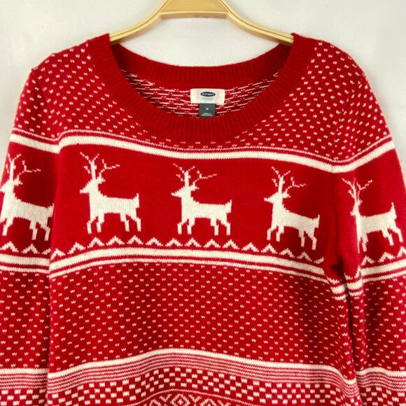 Old Navy Reindeer Fair Isle Christmas Sweater Men Women Size M Red White Holiday - Picture 3 of 8